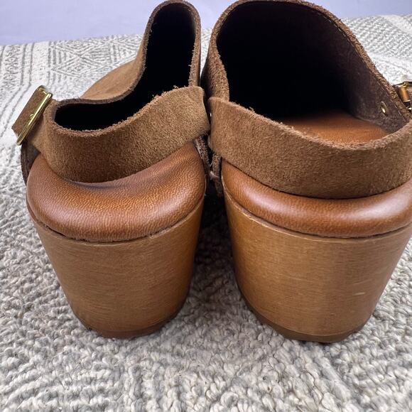 Anthropologie Brown Suede Wooden Platform Clog Sandals, Adjustable Buckle Strap - Picture 5 of 10